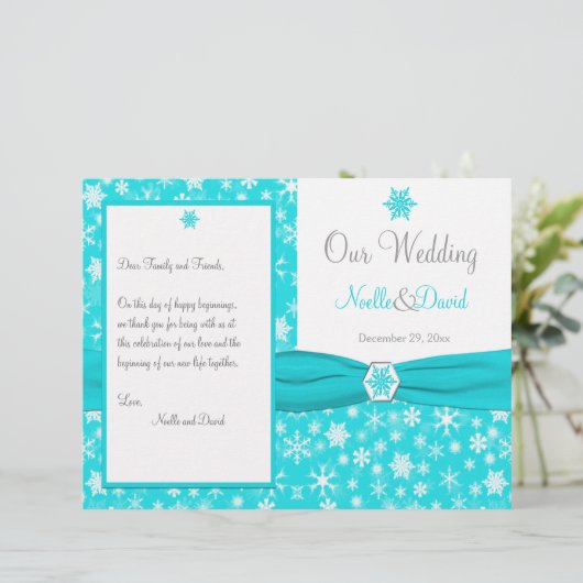 Hochzeitsprogramm für Aqua, White, Gray Snowflakes (Stehend Vorderseite)