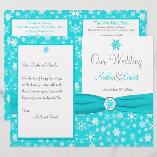 Hochzeitsprogramm für Aqua, White, Gray Snowflakes (Vorne/Hinten)