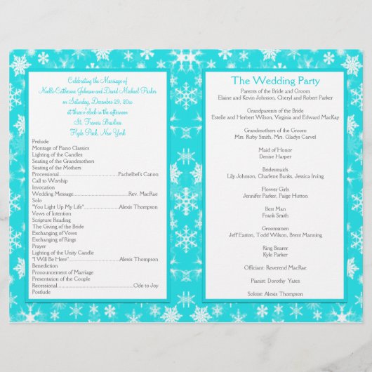 Hochzeitsprogramm für Aqua, White, Gray Snowflakes (Rückseite)