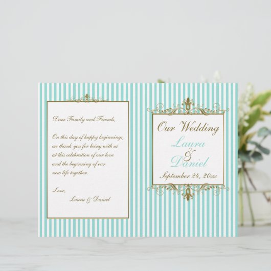 Hochzeitsprogramm für Aqua, White Stripes Gold Scr (Stehend Vorderseite)