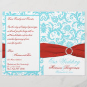 Hochzeitsprogramm für Aqua, White und Red Damask (Vorderseite)