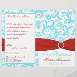 Hochzeitsprogramm für Aqua, White und Red Damask