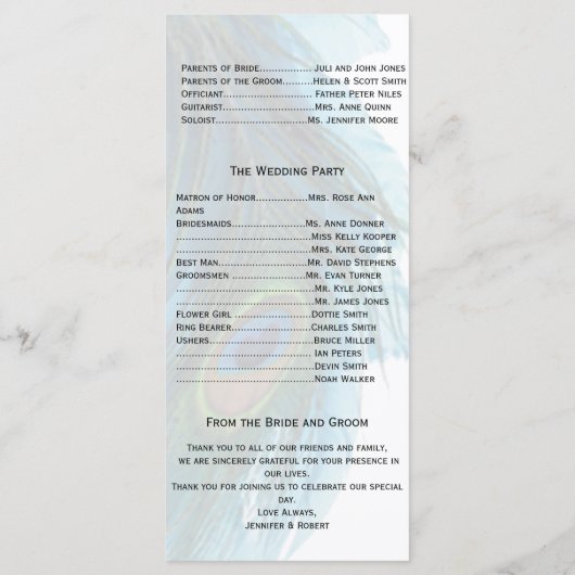 Hochzeitsprogramm für aquamarine Blaupfauenpfaue Programm (Rückseite)