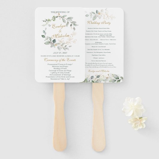 Hochzeitsprogramm für Aquarellgrün und Goldgold Fächer (Vorne und Hinten)