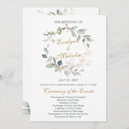 Hochzeitsprogramm für Aquarellgrün und Goldgold Programm (Vorne/Hinten)