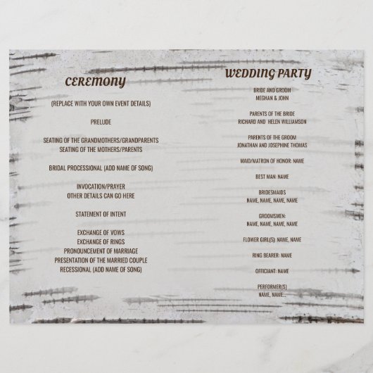 Hochzeitsprogramm für Birkenbaum 80 lb Papier (Rückseite)