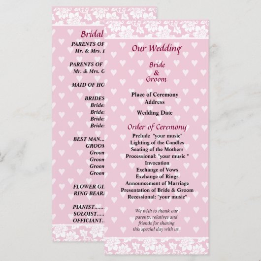 Hochzeitsprogramm für blassrosa Herzen Programm (Vorne/Hinten)