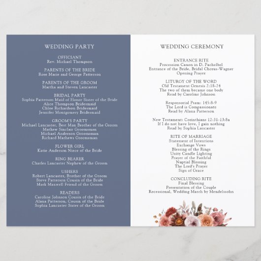 Hochzeitsprogramm für Blau, Burgund und Blush (Rückseite)