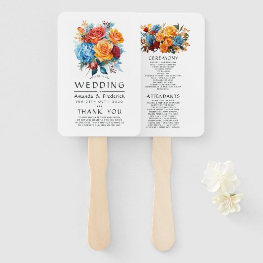 Hochzeitsprogramm für Blau, Orange, Gelb und Rot Fächer (Vorne und Hinten)