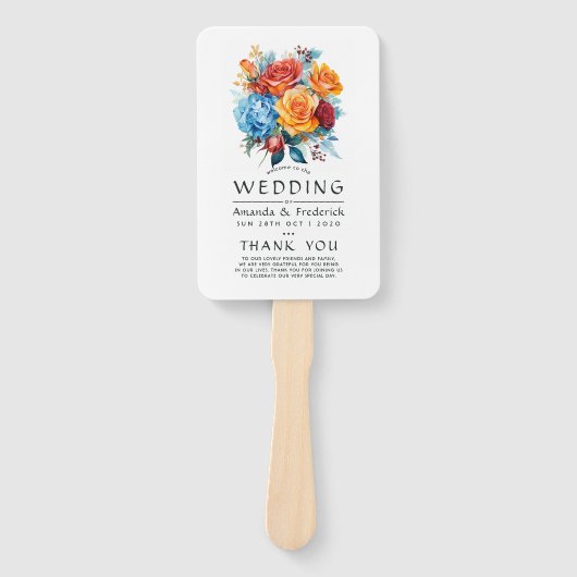 Hochzeitsprogramm für Blau, Orange, Gelb und Rot Fächer (Vorderseite)