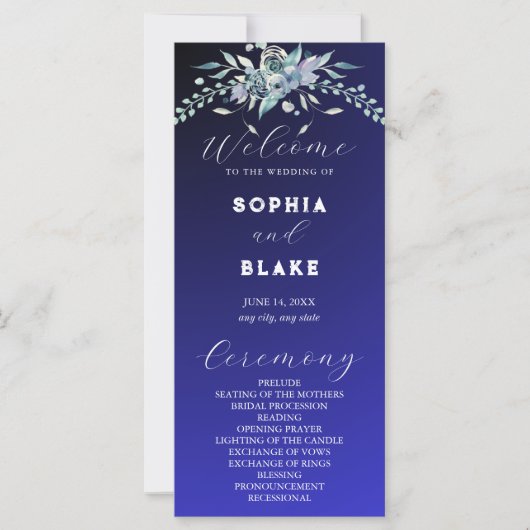 Hochzeitsprogramm für Blau und Grüne Blüten (Vorderseite)