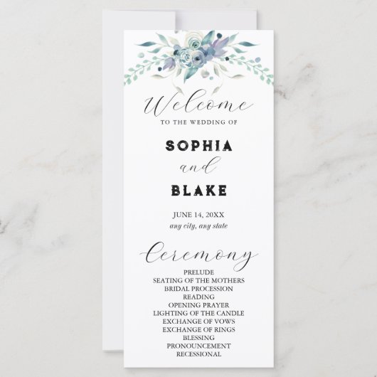 Hochzeitsprogramm für Blau und Grüne Flora (Vorderseite)