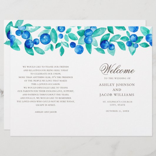 Hochzeitsprogramm für Blaubeeren. Aquarellblau aqu (Vorne/Hinten)