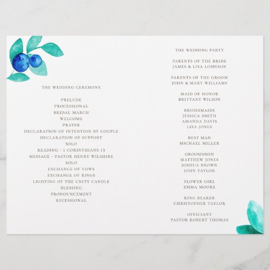 Hochzeitsprogramm für Blaubeeren. Aquarellblau aqu (Rückseite)