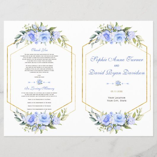 Hochzeitsprogramm für Blaublauer Blütengoldrahmen (Vorne)