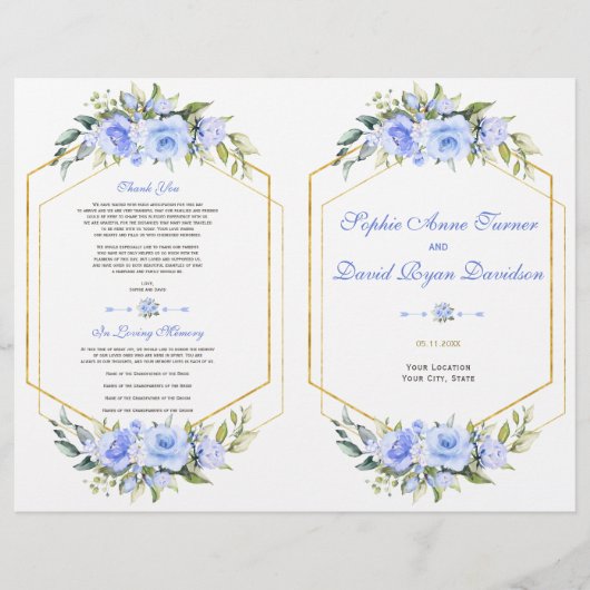 Hochzeitsprogramm für Blaublauer Blütengoldrahmen (Vorne)