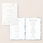 Hochzeitsprogramm für Blaublumen Folienkarte<br><div class="desc">Foil Wedding Programm mit kleinen blauen Blumen Blumenmuster. Handgezeichnete abstrakte Blume und Blätter auf weißem Hintergrund. Festlicher Verzierter blumengeschmückter Hintergrund. Abstrakte, blumengeschmückte Kulisse mit blumengeschmückten Ästen. Vintage, niedliche Blumenzweige aus goldgelben Blättern, elegante Blume, Blumenmuster im Frühling oder Sommer, romantisches Bouquet. Botanisches Grundstück. Goldfolie Niedliche Blume Botanik Foil Wedding Programm. Sammlung...</div>
