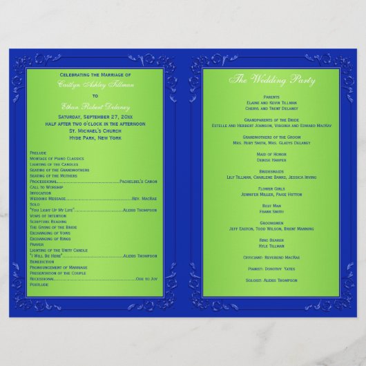 Hochzeitsprogramm für blaue, grüne Blumenhörer (Rückseite)