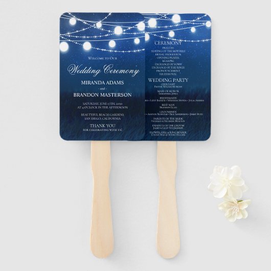 Hochzeitsprogramm für blaue Nacht und Silberlampen Fächer (Vorne und Hinten)