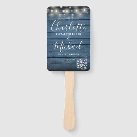 Hochzeitsprogramm für blaue Rustikal-Holz-String-L Fächer (Vorderseite)