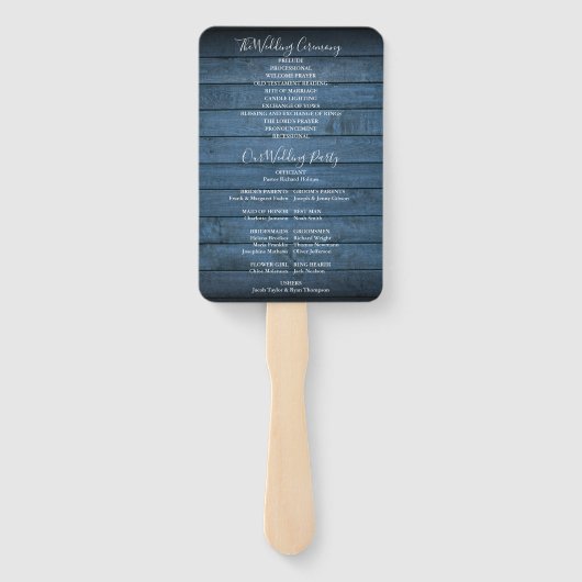 Hochzeitsprogramm für blaue Rustikal-Holz-String-L Fächer (Rückseite)