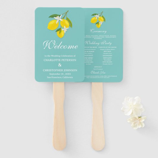 Hochzeitsprogramm für Blaue und Gelbe Lemon Fächer (Vorne und Hinten)