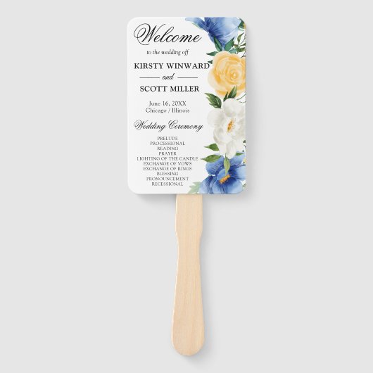 Hochzeitsprogramm für Blaue und Gelbe Sommer-Blume Fächer (Vorderseite)