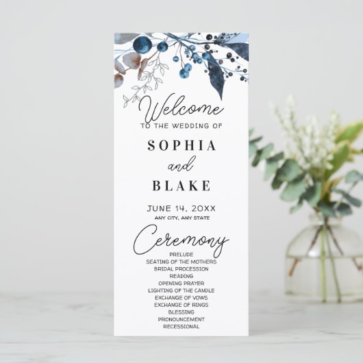 Hochzeitsprogramm für Blaue und Grau Berries & Grü (Stehend Vorderseite)