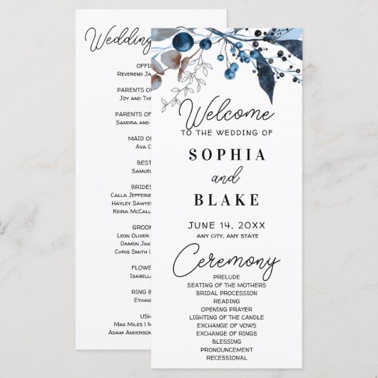 Hochzeitsprogramm für Blaue und Grau Berries & Grü (Vorne/Hinten)