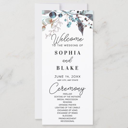 Hochzeitsprogramm für Blaue und Grau Berries & Grü (Vorderseite)