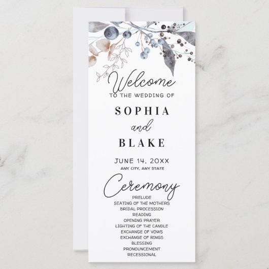 Hochzeitsprogramm für Blaue und Grau Berries & Grü (Vorderseite)