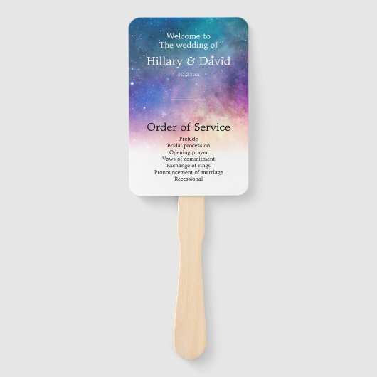 Hochzeitsprogramm für Blaue und Rosa Galaxie Fächer (Vorderseite)