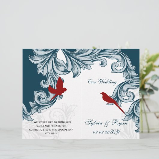 Hochzeitsprogramm für blaue und rote Liebhaber (Stehend Vorderseite)