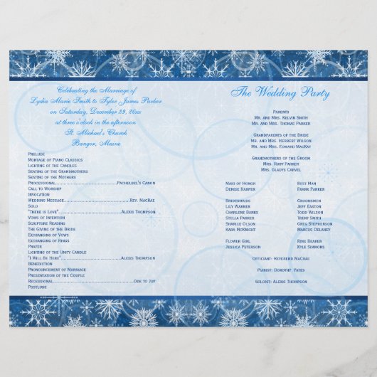 Hochzeitsprogramm für Blaue und Weiße Schneeflocke (Rückseite)