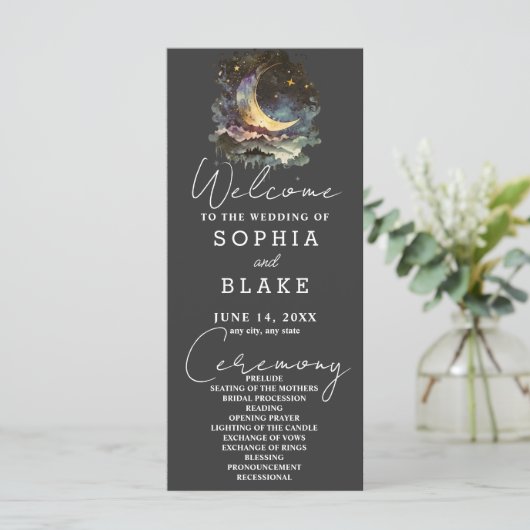 Hochzeitsprogramm für Blauen und Gold Crescent Moo (Stehend Vorderseite)