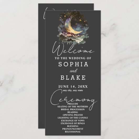 Hochzeitsprogramm für Blauen und Gold Crescent Moo (Vorne/Hinten)