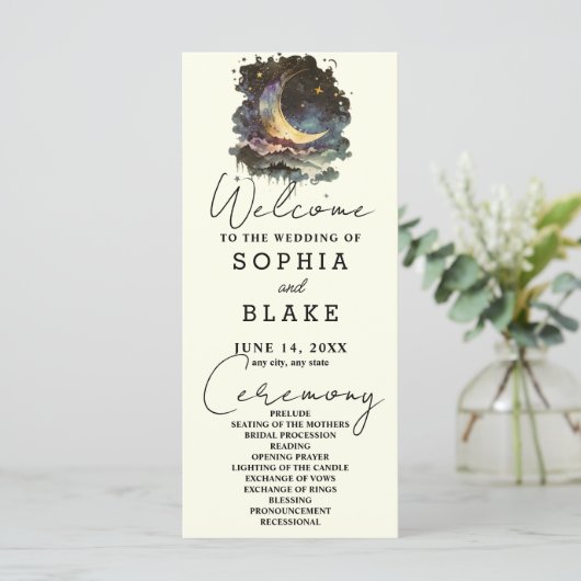 Hochzeitsprogramm für Blauen und Gold Crescent Moo (Stehend Vorderseite)