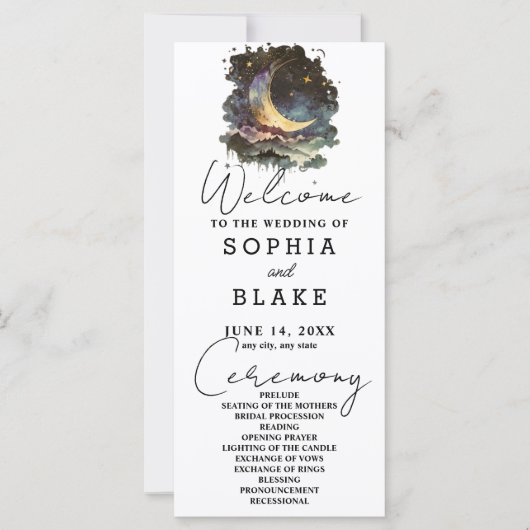 Hochzeitsprogramm für Blauen und Gold Crescent Moo (Vorderseite)