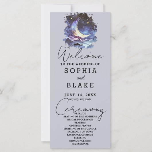 Hochzeitsprogramm für Blauen und Gold Crescent Moo (Vorderseite)
