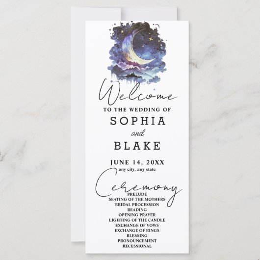 Hochzeitsprogramm für Blauen und Gold Crescent Moo (Vorderseite)