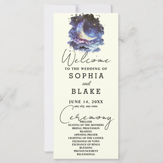 Hochzeitsprogramm für Blauen und Gold Crescent Moo (Vorderseite)