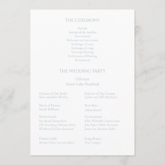 Hochzeitsprogramm für Blauflora und Weiß Programm (Rückseite)