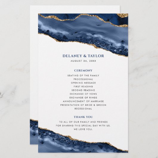 Hochzeitsprogramm für Blue and Gold Agate Border (Vorne/Hinten)