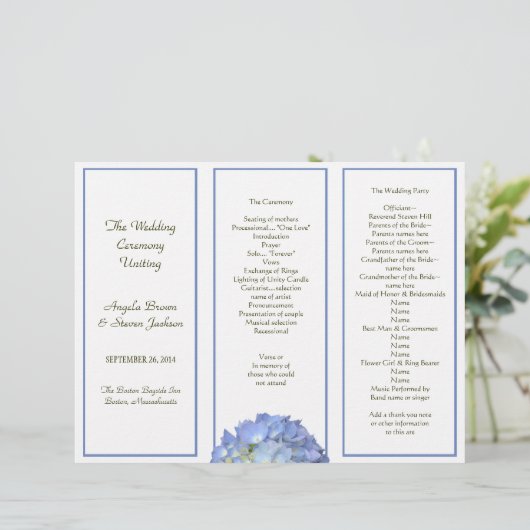 Hochzeitsprogramm für Blue Hydrangea (Stehend Vorderseite)