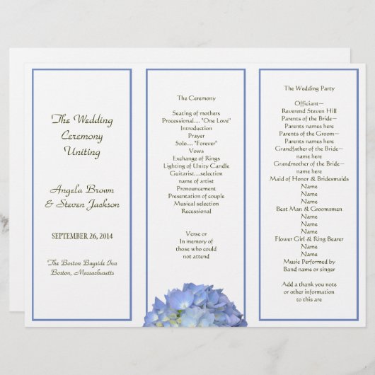 Hochzeitsprogramm für Blue Hydrangea (Vorne/Hinten)