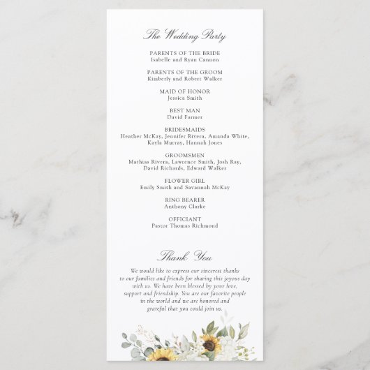 Hochzeitsprogramm für Blumenblumen mit weißer Hydr Programm (Rückseite)