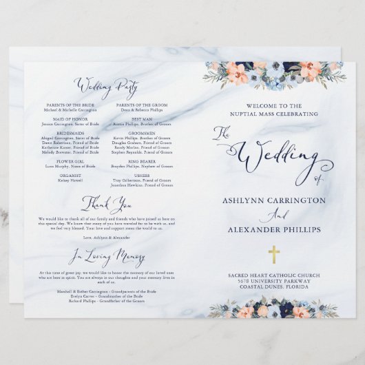 Hochzeitsprogramm für Blumenkohle in Aquarellblau (Vorne/Hinten)