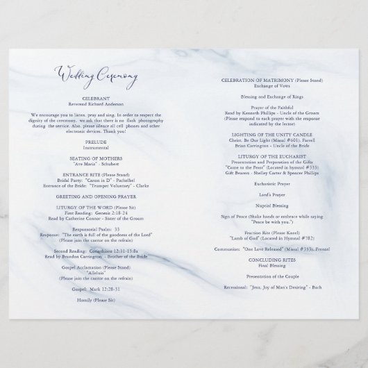 Hochzeitsprogramm für Blumenkohle in Aquarellblau (Rückseite)