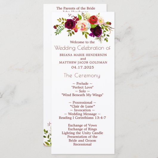 Hochzeitsprogramm für Blumenwein Programm (Vorne/Hinten)