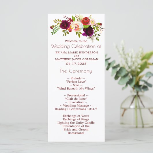 Hochzeitsprogramm für Blumenwein Programm (Stehend Vorderseite)